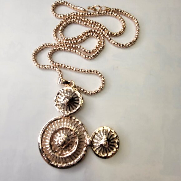 Three Ring Pendant Necklace, Crystal Pendant on a Gold Tone Long Necklace - Picture 3 of 10